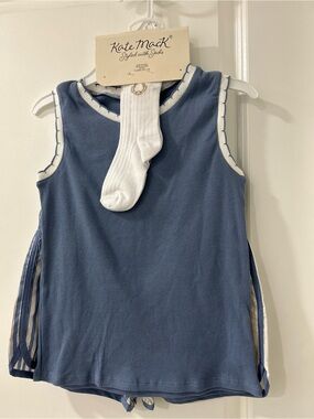 Kate Mack Blue Ribbed Tank Top with White Trim